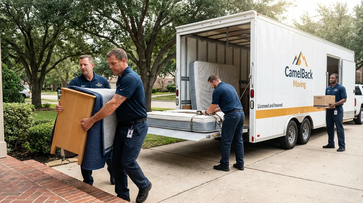 Crew loading residential truck for cross-state move from Stanley, ND