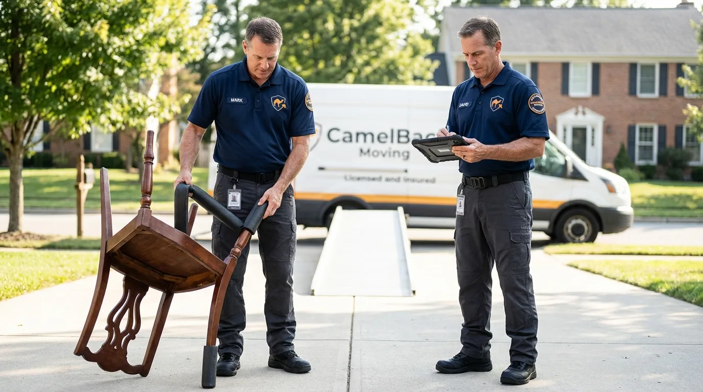 Movers inspecting furniture for damage prevention before loading in Stanley, ND