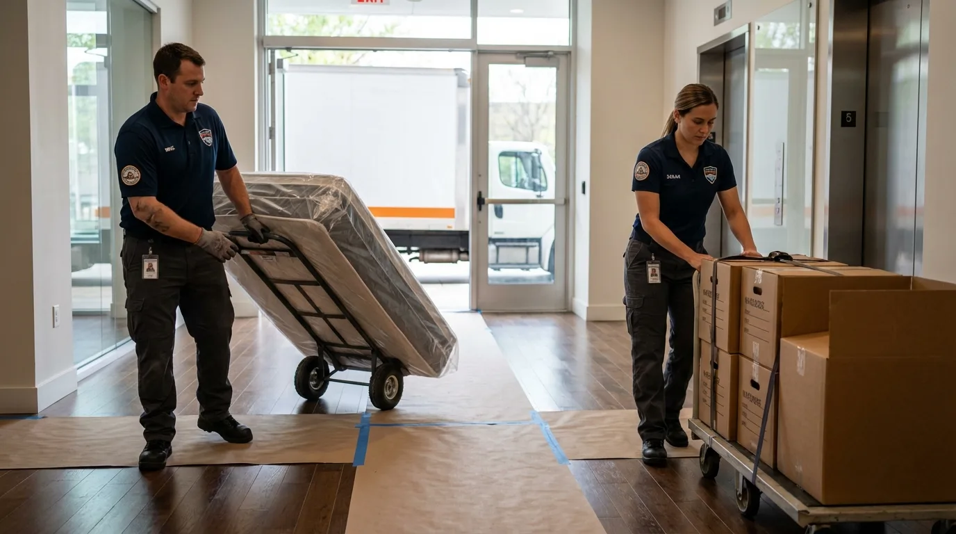 Professional apartment movers loading elevator in Stanley, ND