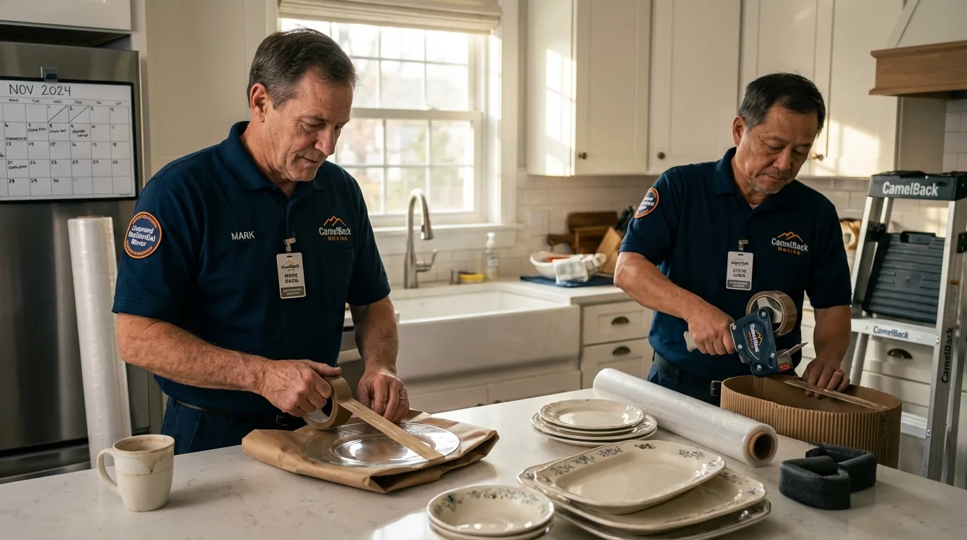 Professional crew packing kitchen dishware in Stanley, ND